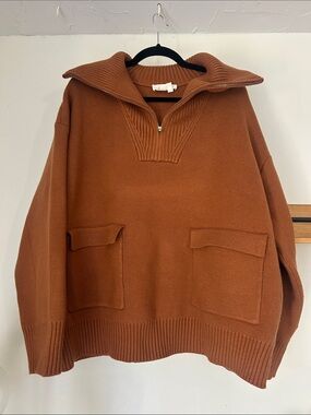 Anthropologie Rust Brown Zip-Up Pocket Sweater